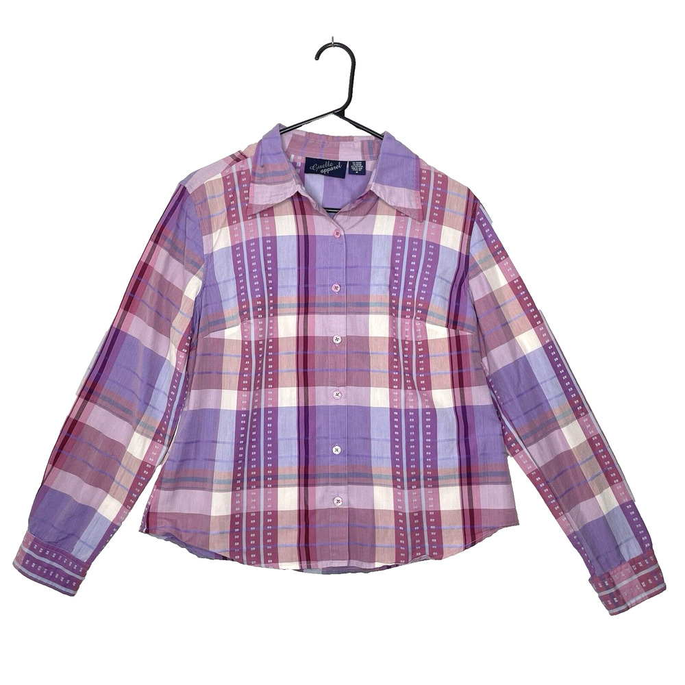 Vintage Womens Plaid Top Size M Embroidered‎ Long Sleeve Pastel Western Cottage